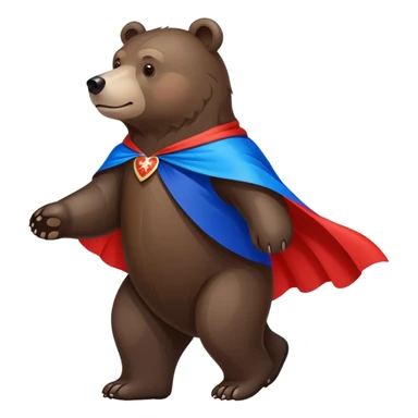 Dark brown bear walking on four paws with Russian tricolor flag (white, blue, red) flowing like a cape over its back and shoulders sticker