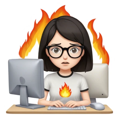 girl with black brown bob hair wearing glasses is having a brain fog while working on her old computer wearing a nirvana tshirt with fires on her head sticker