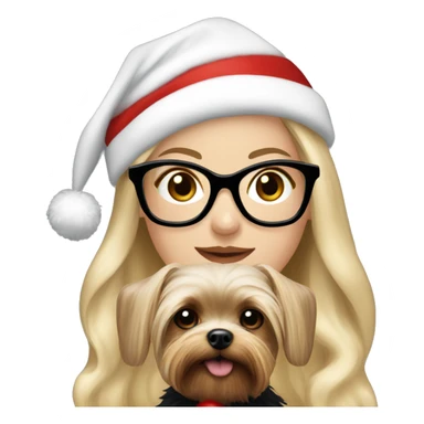 Beautiful white woman, long blonde hair and black glasses wearing a santa hat holding Yorkshire terrier sticker
