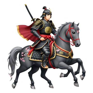 clash-of-clans-aesthetic_-cinematic-fearsome-and-majestic-samurai-bust-portrait-emoji, rendered in a flat, vector-style with minimal shading and bold, simplified shapes typical of emoji art, depicting a battle-hardened samurai with steely eyes and traditional black Japanese armor. The samurai is riding a noble grey warhorse adorned with an intricately designed saddle and fluttering banners, against a backdrop of cherry blossoms and a rising sun. a samurai on a   horse sticker