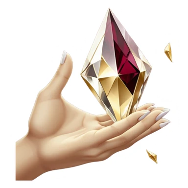 White pov hand outline gripping a shattered diamond prism, light shards projecting luxury items, deep burgundy (#4A0E27) and onyx (#000000) background with metallic gold (#FFD700) fractures, dramatic chiaroscuro lighting, edgy opulence sticker