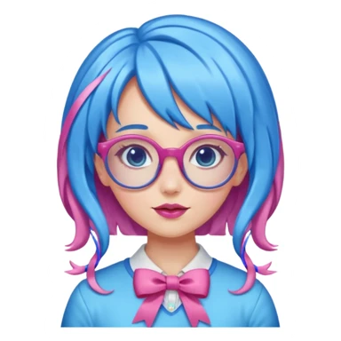 candy girl with very long blue-pink mixed candy hair with ribbon and no tattooes, with glassess sticker