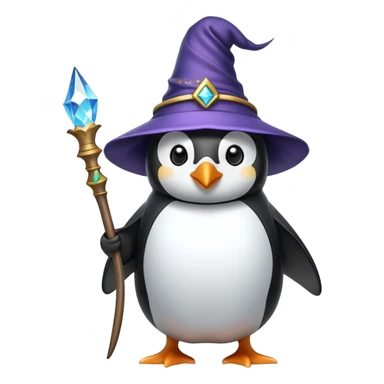 Penguin dressed as a wizard with a magical wand and pointy wizard hat sticker