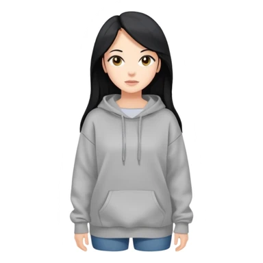 full-body female avatar, flat vector, long black hair, oversized sweatshirt, neutral background sticker