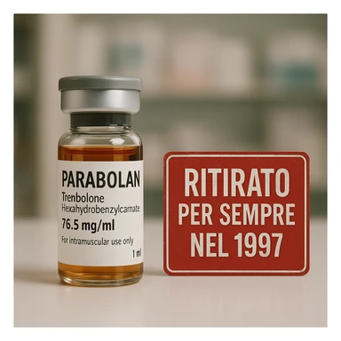 realistic image of a Parabolan vial with a readable label, next to a red sign or stamp with the text 'Ritirato per sempre nel 1997', serious atmosphere, realistic details, neutral or blurred pharmacy background sticker