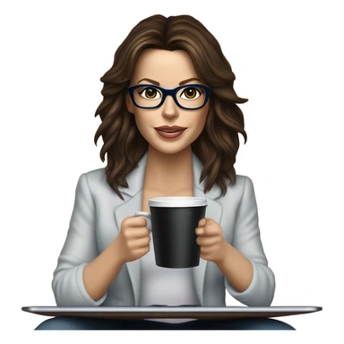 Hyper Realistic Kate Beckinsale dark blue eyes wearing glasses drinking coffee at a laptop  sticker