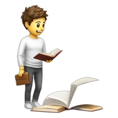 imagen estilizada de un estudiante riendose y saltand sacando fotocopias con un libro en sus manos de piel blanca y cuerpo completo sticker