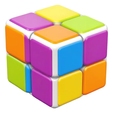 A 3x3 Rubik's Cube with candy-colored bright scheme: bubblegum pink, lemon yellow, bright blue raspberry, lime green, grape purple, tangerine orange, minimalist iOS emoji style sticker