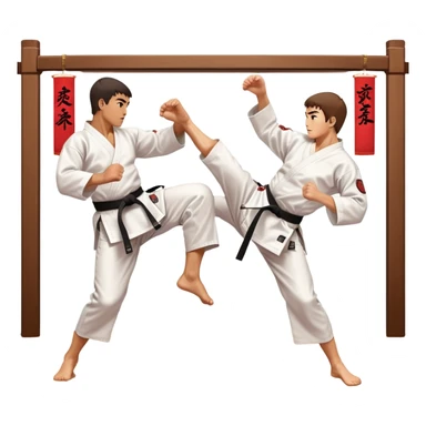 Two karate fighters in traditional gi sparring. One executes a high kick aimed at the opponent’s head, while the other blocks with a strong hand defense. The background features a classic dojo with wooden flooring and banners. Dynamic motion and focused expressions. Transparent background. sticker