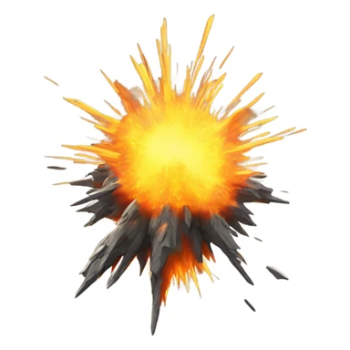 A large, fiery explosion with orange and yellow flames bursting outward, sending debris flying, with a shockwave of energy radiating from the center. sticker