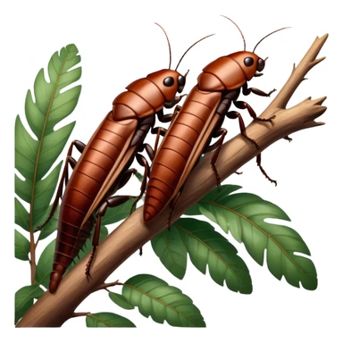 Giant Madagascar cockroaches perched on a branch, showcasing their large, shiny bodies and unique texture. The background includes soft lighting with a natural, leafy atmosphere. Transparent background. sticker