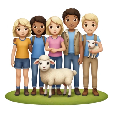 5 persons (3 girls and 2 boys) and a sheep sticker