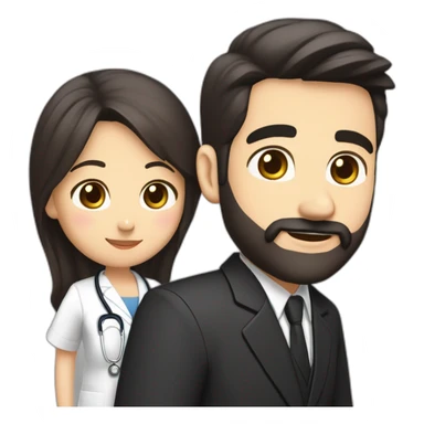 husband american age 50 dark brown hair trimmed beard wearing dark business suit holding bible together, wife asian age 50 black hair wearing nurse uniform, no children sticker
