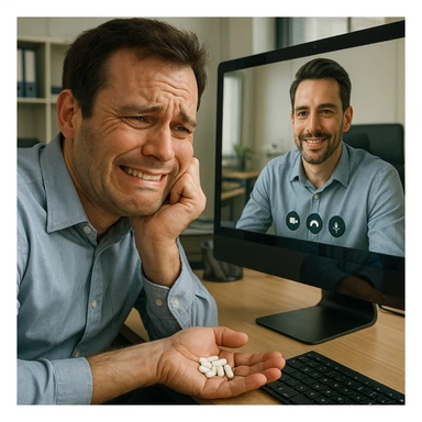 Close-up of a man in his mid-30s on a video call, forced smile, hand under desk gripping caffeine pills, computer screen reflection reveals slouched posture, virtual avatar appears confident, hyperrealistic 4K, office setting sticker