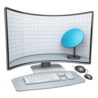 Create an emoji for 3D visualization and modeling. Show a 3D object like room model with grid lines on a big curved monitor. Add a modeling tool a mouse and stylus. Use modern, professional colors. Do not include any emojis or smiley faces. Make the background transparent. sticker