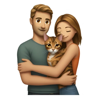 A man hugs a brown-haired skinny hot woman and a bengal cat sticker