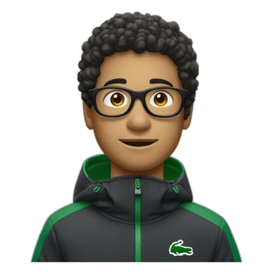 Un garçon blanc qui porte das lunettes de ski, il a les cheveux noirs et un survetement de lacoste sticker