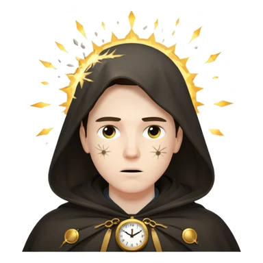 Character standing calm while clock fragments explode past, cloak barely moving sticker