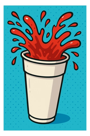 a tall white Styrofoam cup with red gel splashing out, stylized illustration, bold colors, dynamic motion sticker