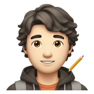 Fat, slightly thin, droopy eyes and eyebrows, thick lips, big head, smiling with a pencil, cute Japanese guy sticker