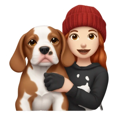 Long Red haired woman in beanie with septum piercing holding black and white English Staffordshire puppy sticker