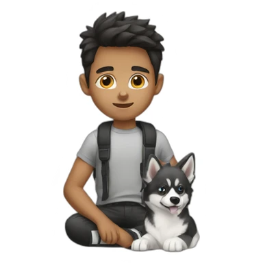 a-boy-accompanied-by-pomsky-black-white sticker