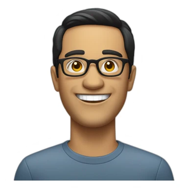 portuguese white man with straight black hair down below ears, round glasses and a big smile sticker