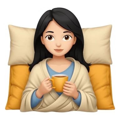 “A relaxed girl with black hair and tan skin, calm facial expression, half of her body covered with a blanket, holding a cup of tea sticker