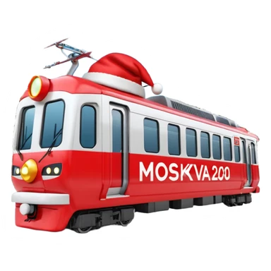 Apple iOS style 3D emoji of a
Moscow Metro train (modern
"Moskva-2020" model) decorated for
New Year. The train has a large red Santa hat on its front and is wrapped in glowing LED garlands. A bright iconic red letter
"M" logo is positioned next to it. Smooth glossy plastic, soft 3D render,  sticker