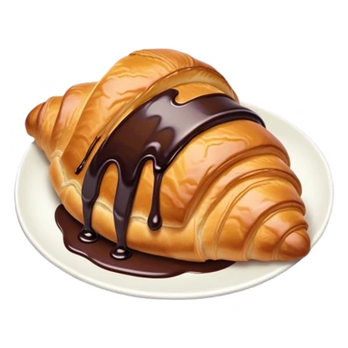 There's a croissant with chocolate syrup on a pale purple napkin sticker