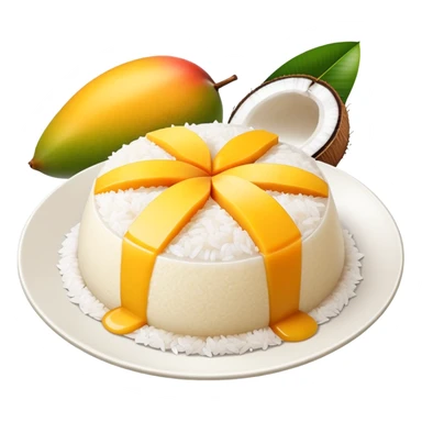 cinematic-realistic-mango-sticky-rice-dessert-emoji,-showcasing-sweet-sticky-rice-paired-with-ripe-mango-slices-and-coconut-milk-rendered-with-lifelike-detail-and-warm,-inviting-lighting sticker