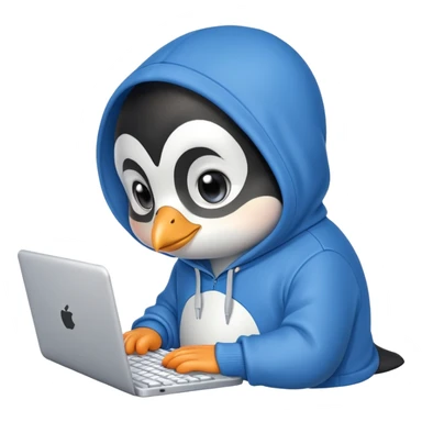 A cute penguin wearing a blue hoodie typing intensely on a laptop keyboard sticker