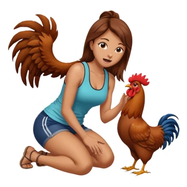 Kneeling Brown hair very large boob Woman open mouth tank top touching one rooster sticker