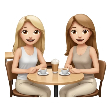 "Cartoon emoji of a girl with long, straight light brown hair, fair skin, brown eyes. Wearing a stylish white top and chic pants. Sitting at a café table, laughing and smiling, full of joy. Next to her, two friends: one blonde, one with black hair, one with brown hair. Smooth, simple, stylized sticker