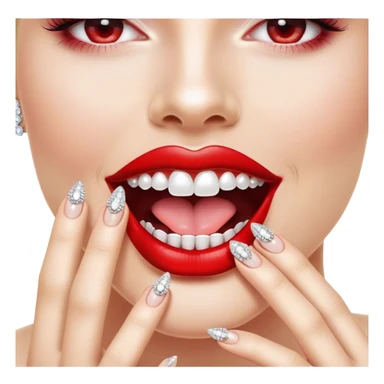 Glossy, bright red lips slightly parted. Inside, sparkling diamonds grillz. A playful tongue touching the teeth. A long, elegant fingernail with a soft white shade. No face, only lips and finger sticker