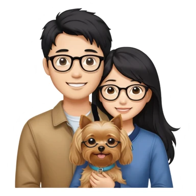 “An Asian girl with long, wavy black hair (loose, no hair tie) next to her smiling boyfriend—a light brown-skinned man with a Korean-style haircut and glasses. Together, they’re holding a small Yorkshire Terrier sticker