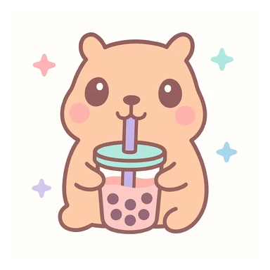 a fun and cute capybara drinking boba tea, playful and charming, adorable and friendly, with a straw and tapioca pearls visible sticker