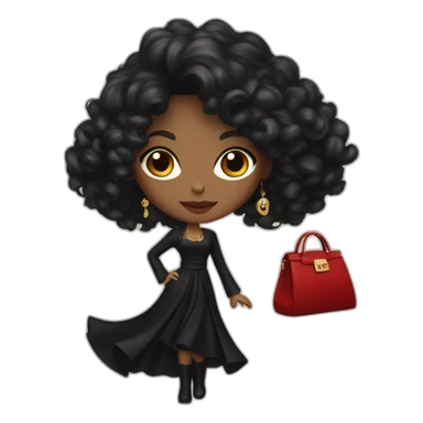 a woman with a long black dress, red boots, black open  coat, red bag, gold jewelry, curly  black hair, blue eyes sticker