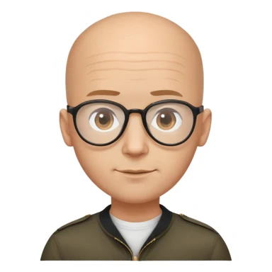 Oval-faced man with large forehead, aviator glasses, completely bald sides with extremely short dark curly hair only on crown, light brown skin, friendly neutral expression, black shirt sticker