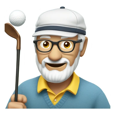 smiling elderly man in glasses swinging a golf club and wearing a cap sticker