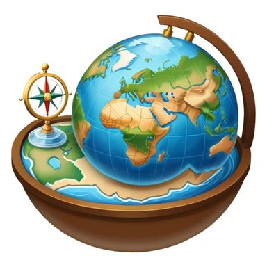 An icon featuring a globe, a compass, and a map, symbolizing geography. The design includes mountain ranges, rivers, and continents, representing the study of Earth’s landscapes and environments. Transparent background highlights the exploration and understanding of the world’s geography. sticker