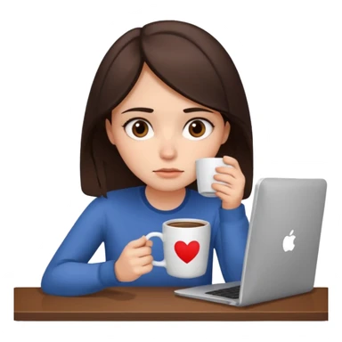 A brunette girl with dark brown eyes, dark circles under eyes, tired, sad face, with a mug of coffee in one hand and sitting in front of a computer sticker