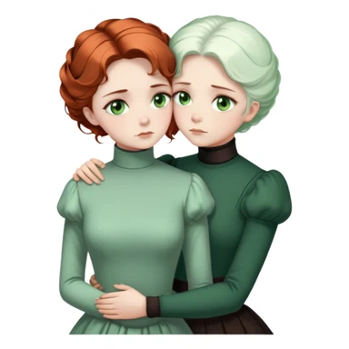 Two Victorian women with light green eyes in a sad, intimate embrace. One has bright white coiffed hair, the other has dark copper coiffed hair. Both wearing Victorian turtleneck dresses, hugging tightly sticker