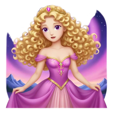 Cinematic Stunning Aurora Portrait Emoji, Ethereal in her flowing pink gown, golden curls shimmering, soft violet eyes filled with serenity, an enchanting glow surrounding her, capturing the beauty of a princess lost in a dream! sticker