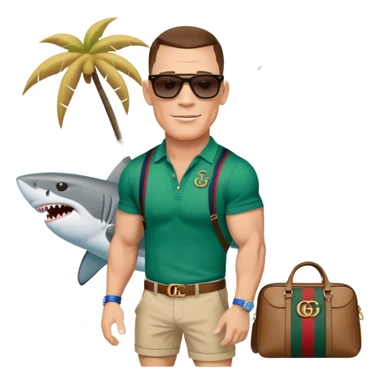 John Cena wearing Gucci sunglasses and a Gucci bag at the beach in Florida on a shark sticker