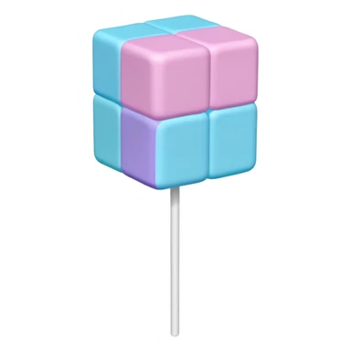 Pastel cube lollipop with stacked blocks like a cotton candy in pink, purple, blue, and cyan. Textured, voxel-style, on a white stick. sticker