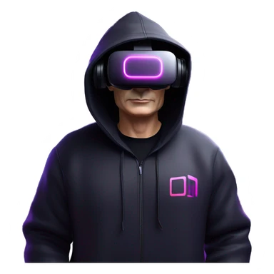 Vladimir Putin wearing a black hoodie with "OMG" letters on it and VR headset oculus quest 2 in a cyberpunk VR environment with violet neon lighting. sticker