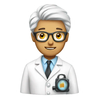 Scientist taking a photo while wearing a lab coat sticker