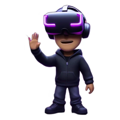 Steve Jobs wearing a black hoodie with "OMG" letters on it and VR headset in a cyberpunk VR environment with violet neon lighting. sticker