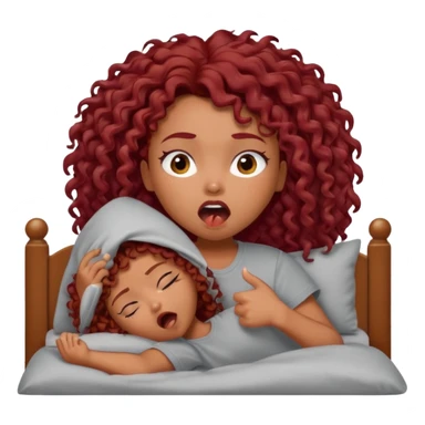 generate a pretty bratz brown skinned girl curly dark red hair, yawning in bed in a grey tshirt bored. sticker